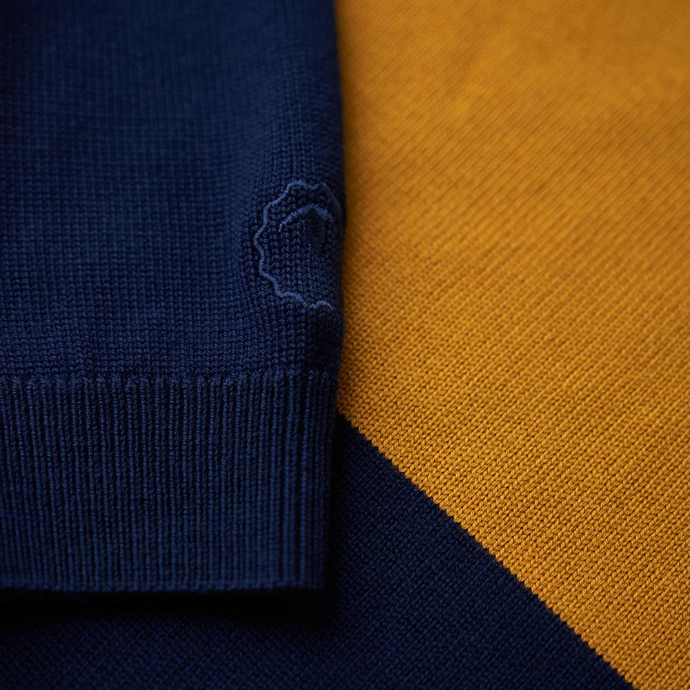 Isobaa | Mens Merino Block Stripe Sweater (Navy/Mustard/Charcoal) | Discover effortless style and exceptional comfort with our  extrafine 9-gauge Merino wool crew neck sweater.