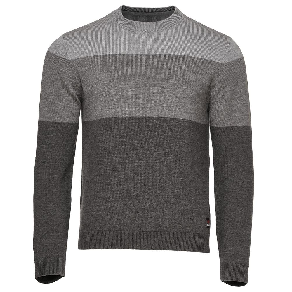 Isobaa | Mens Merino Block Stripe Sweater (Smoke/Grey/Charcoal) | Discover effortless style and exceptional comfort with our extrafine 9-gauge Merino wool crew neck sweater.