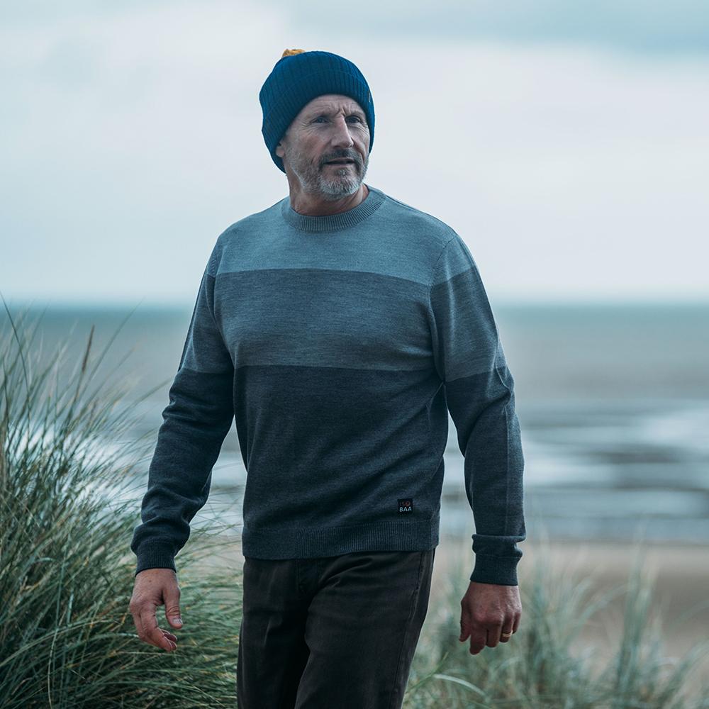 Isobaa | Mens Merino Block Stripe Sweater (Smoke/Grey/Charcoal) | Discover effortless style and exceptional comfort with our extrafine 9-gauge Merino wool crew neck sweater. | Model: Simon