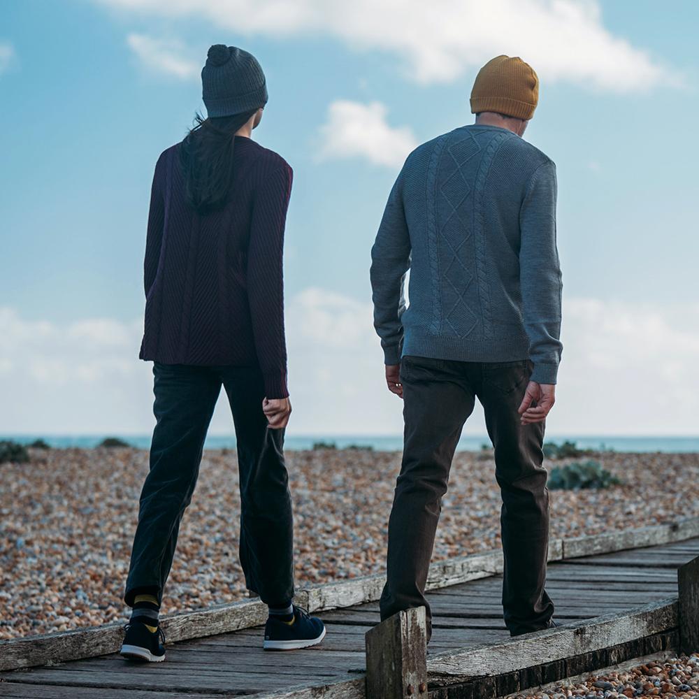 Isobaa | Mens Merino Cable Sweater (Charcoal) | Experience timeless style and outdoor-ready performance with our Merino wool crew neck sweater. | Model: Simon