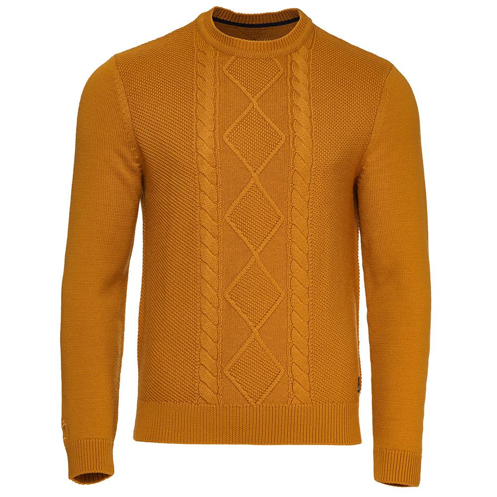 Isobaa | Mens Merino Cable Sweater (Mustard) | Experience timeless style and outdoor-ready performance with our Merino wool crew neck sweater.