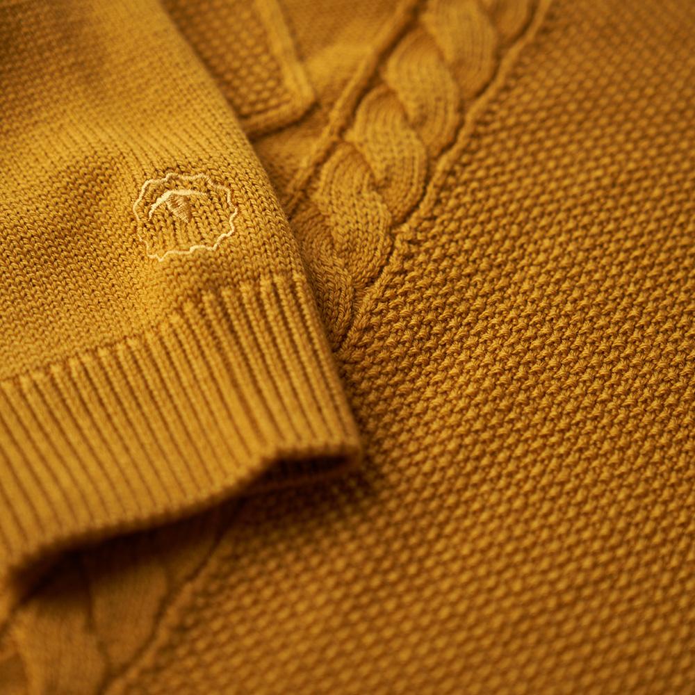 Isobaa | Mens Merino Cable Sweater (Mustard) | Experience timeless style and outdoor-ready performance with our Merino wool crew neck sweater.