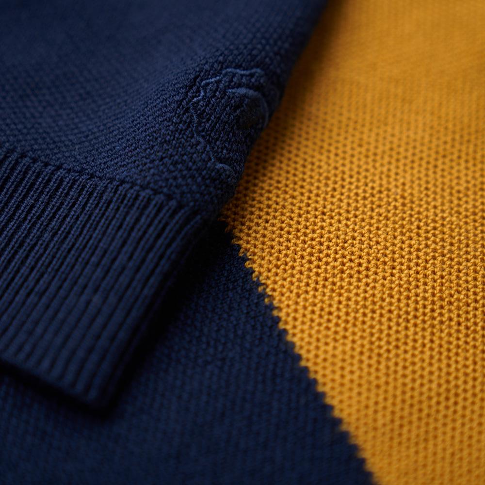Isobaa | Mens Merino Honeycomb Sweater (Navy/Mustard) | The perfect blend of function and elegance in our extrafine 12-gauge Merino wool crew neck sweater.