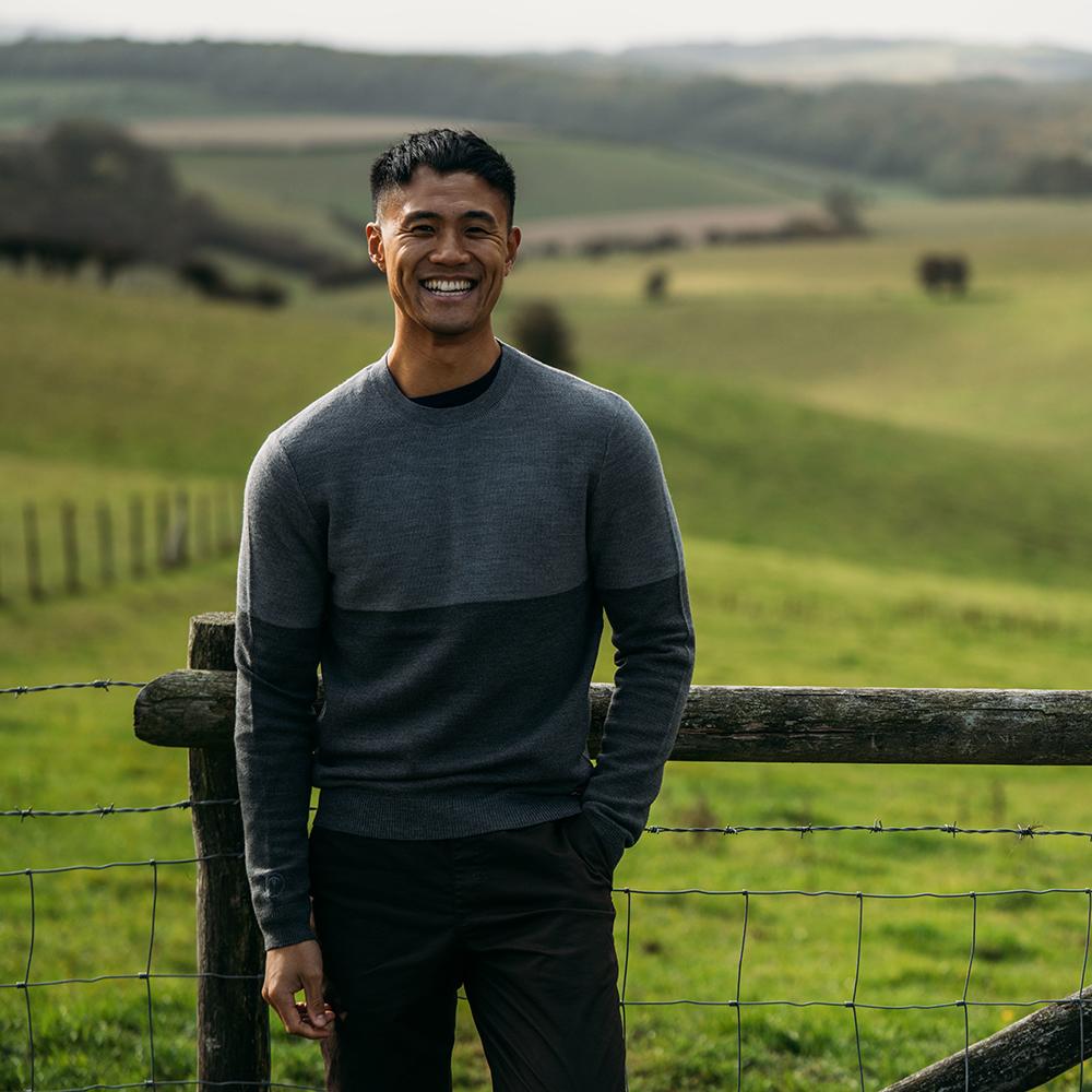 Isobaa | Mens Merino Honeycomb Sweater (Smoke/Charcoal) | The perfect blend of function and elegance in our extrafine 12-gauge Merino wool crew neck sweater. | Model: Donald