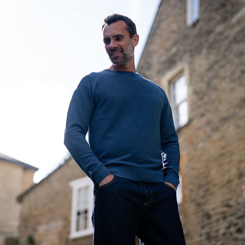 Isobaa | Mens Merino Moss Stitch Sweater (Denim/Navy) | Discover timeless style and outdoor-ready comfort with our extrafine Merino wool crew neck sweater. | Model: Ben