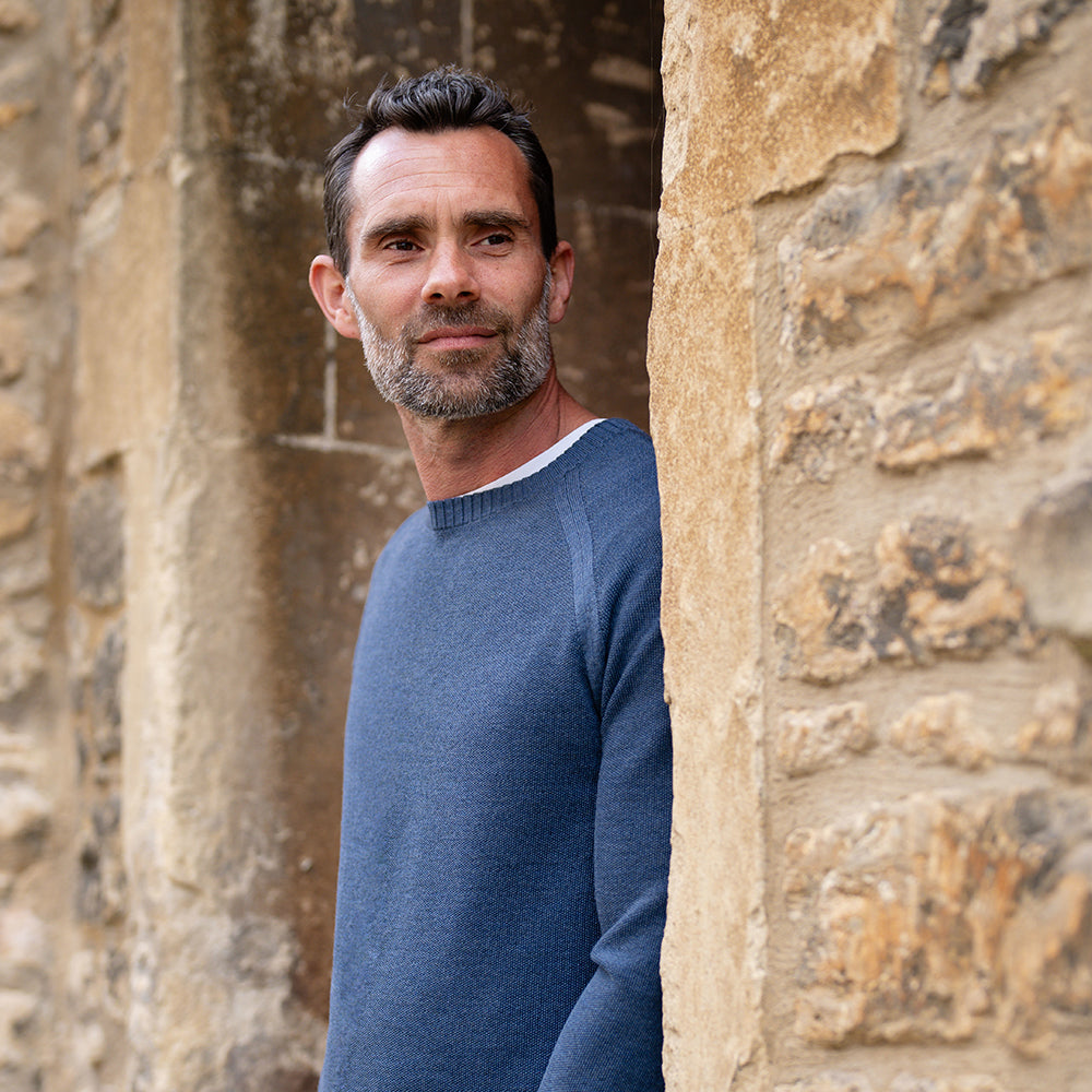Isobaa | Mens Merino Moss Stitch Sweater (Denim/Navy) | Discover timeless style and outdoor-ready comfort with our extrafine Merino wool crew neck sweater. | Model: Ben