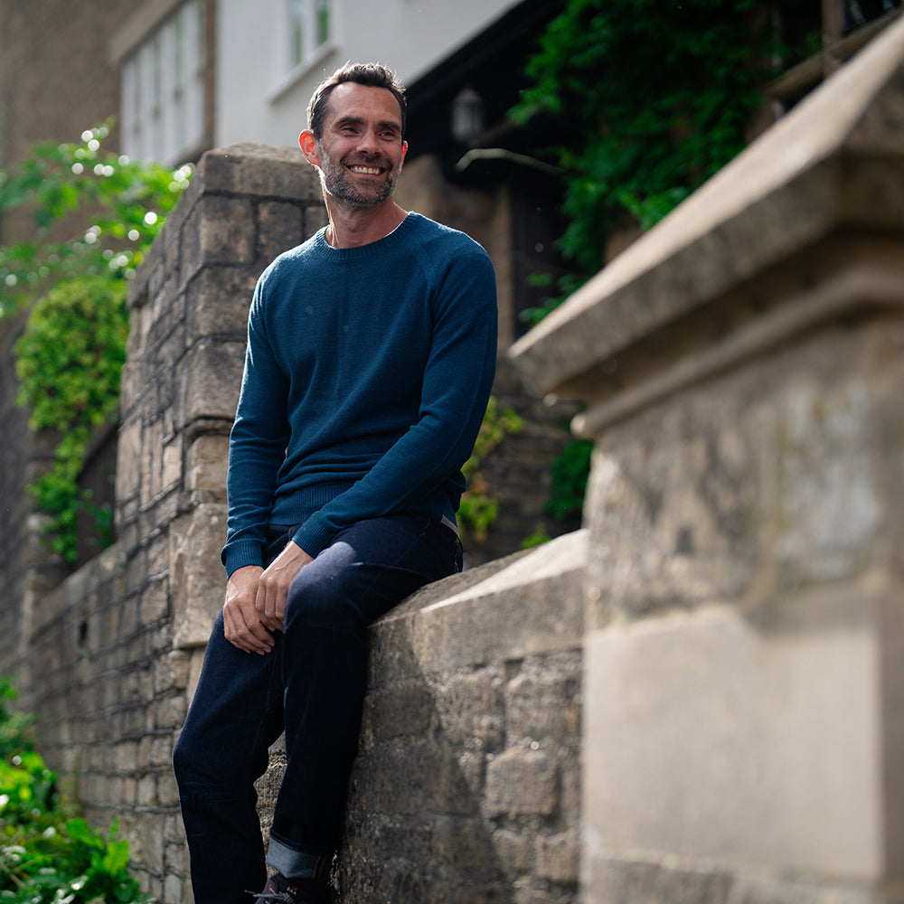 Isobaa | Mens Merino Moss Stitch Sweater (Petrol/Charcoal) | Discover timeless style and outdoor-ready comfort with our extrafine Merino wool crew neck sweater. | Model: Ben