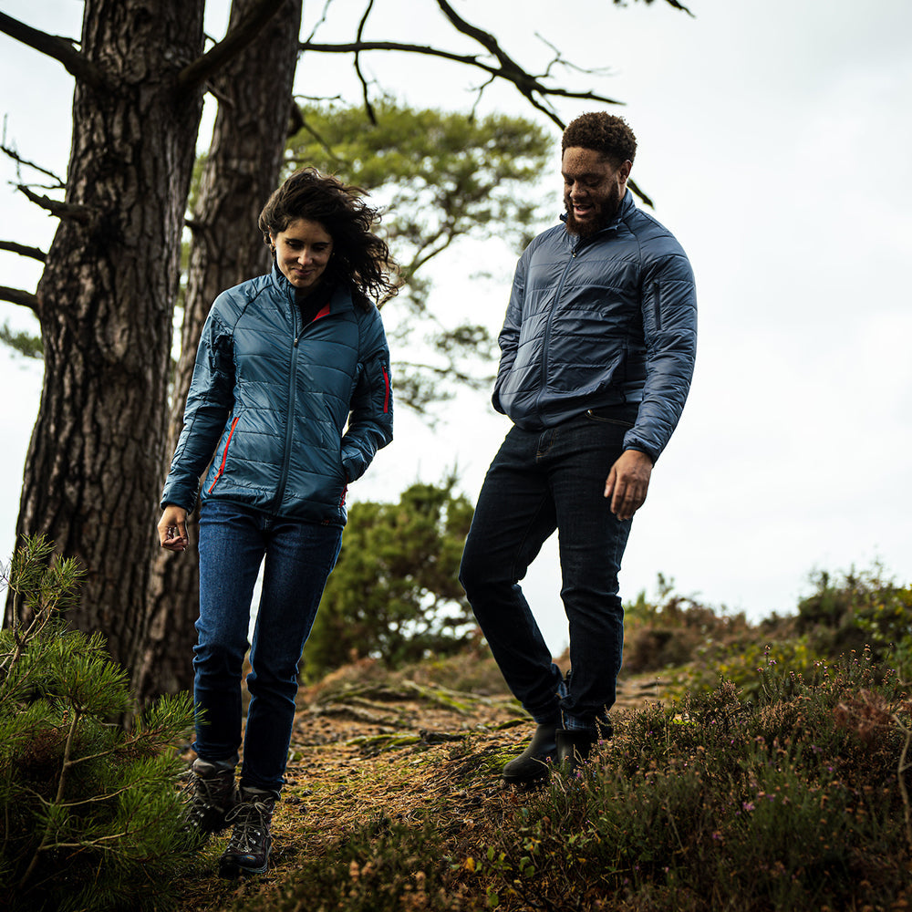 Isobaa | Mens Packable Insulated Jacket (Denim/Navy) | Exceptional warmth, packable convenience, and sustainable design with our lightweight Merino wool jacket. | Model: Shaquille