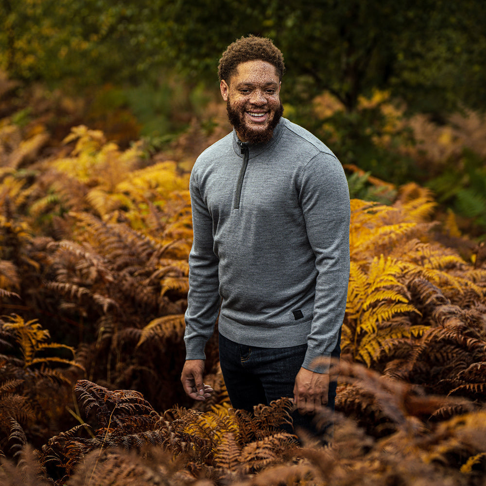 Isobaa | Mens Zip Neck Sweater (Charcoal/Smoke) | Experience premium comfort, and refined style with our Merino wool zip-neck sweater.