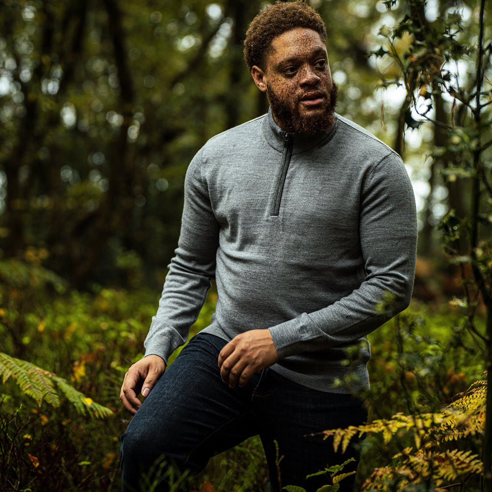 Isobaa | Mens Zip Neck Sweater (Charcoal/Smoke) | Experience premium comfort, and refined style with our Merino wool zip-neck sweater. | Model: Shaquille