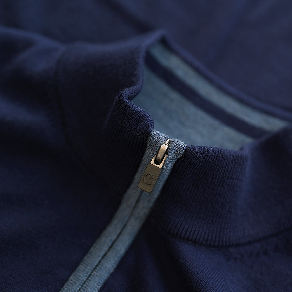 Isobaa | Mens Zip Neck Sweater (Navy/Denim) | Experience premium comfort, and refined style with our Merino wool zip-neck sweater.