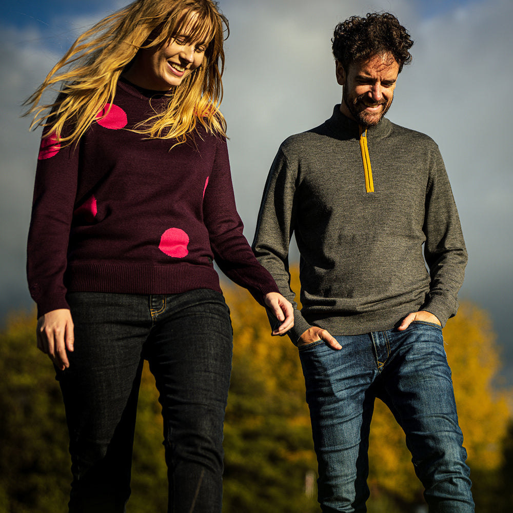 Isobaa | Mens Zip Neck Sweater (Smoke/Mustard) | Experience premium comfort, and refined style with our Merino wool zip-neck sweater. | Model: Leighton