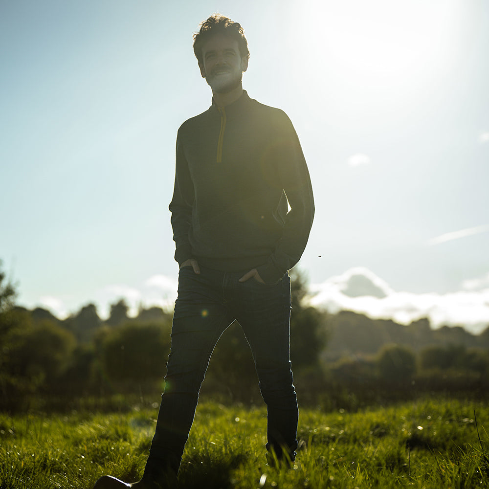 Isobaa | Mens Zip Neck Sweater (Smoke/Mustard) | Experience premium comfort, and refined style with our Merino wool zip-neck sweater. | Model: Leighton