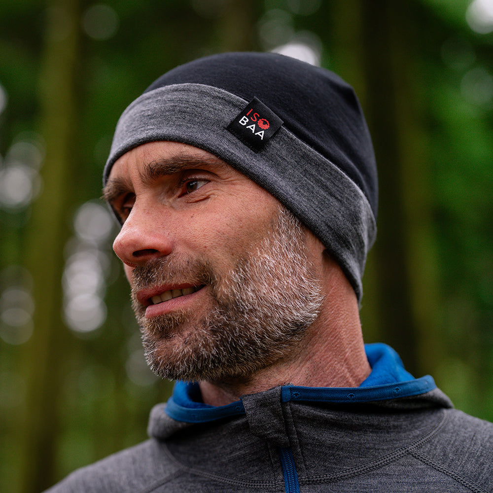 Isobaa | Merino 230 Beanie (Black/Smoke) | Isobaa's double-layered Merino beanie is your key to warmth & comfort in any season.