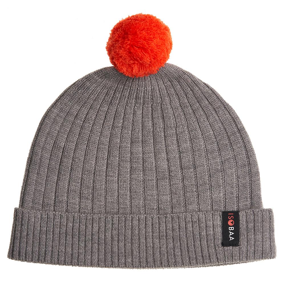 Isobaa | Merino Bobble Beanie (Charcoal/Orange) | Stay warm and stylish with Isobaa's extra-fine Merino bobble beanie! Its cosy warmth, playful bobble, and classic rib-knit design will make it your go-to winter essential for hikes, city strolls, and everything in between.