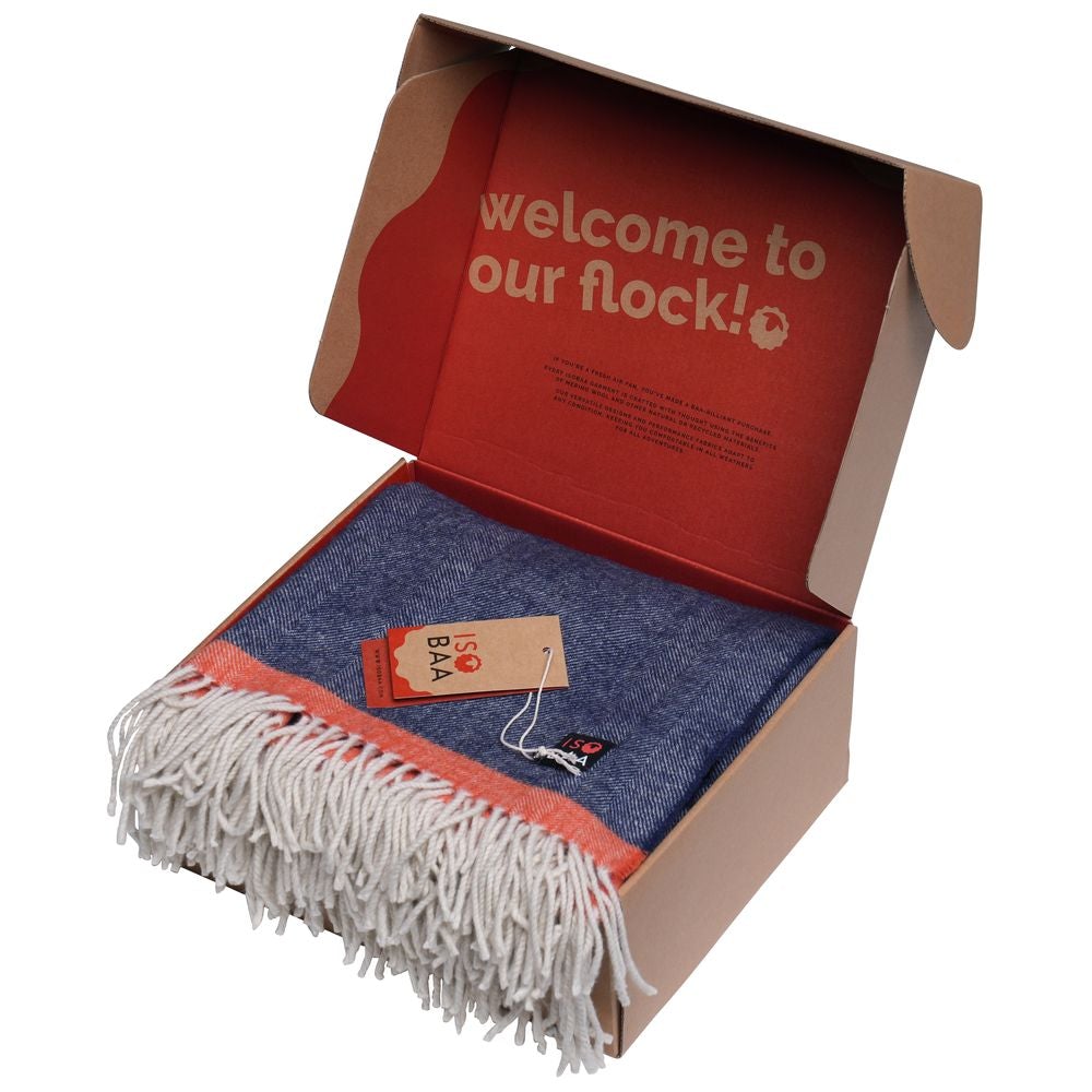 Isobaa | Merino Herringbone Throw (Navy/Orange Stripe) | Wrap yourself in pure comfort with Isobaa's super-soft Merino throw.