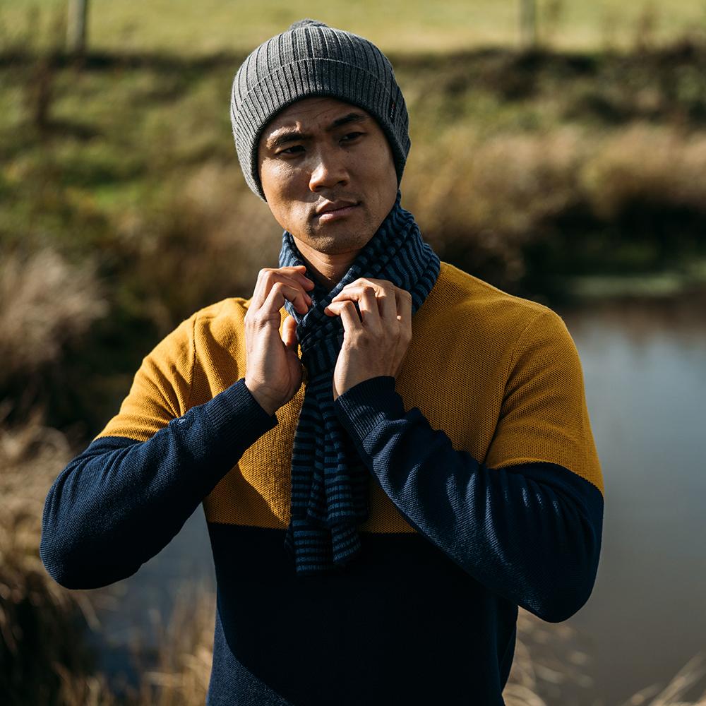 Isobaa | Merino Mini Stripe Scarf (Navy/Denim) | Stay cosy and stylish with Isobaa's mini-striped scarf, crafted from luxuriously soft extra-fine Merino wool.