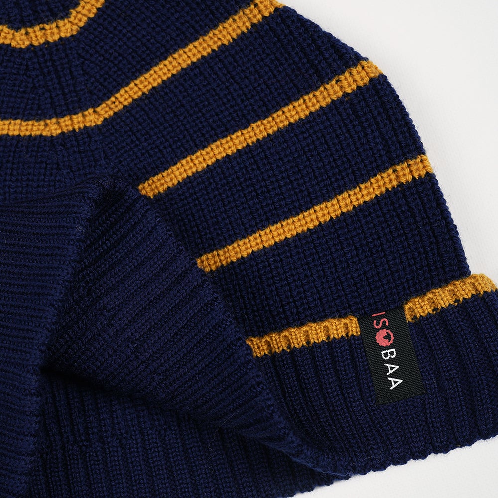 Isobaa | Merino Stripe Beanie (Navy/Mustard) | Wrap yourself in cosy warmth with Isobaa's Merino beanie.