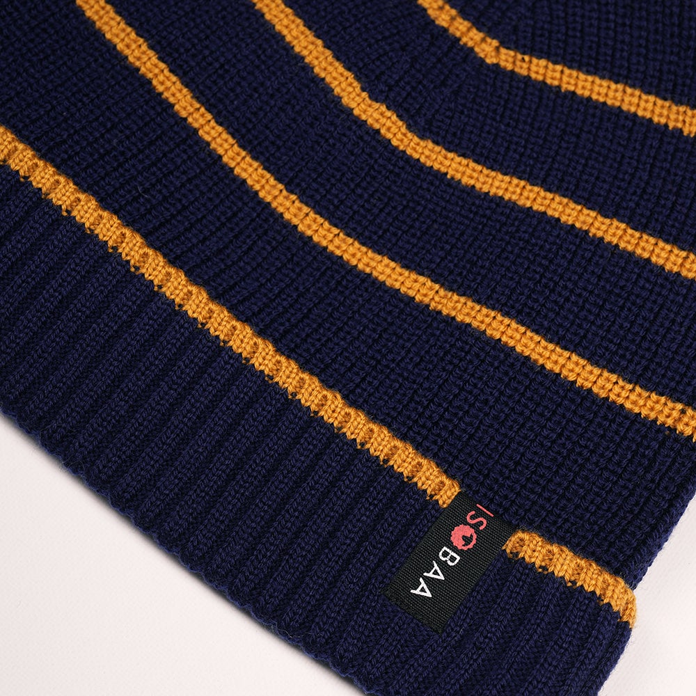 Isobaa | Merino Stripe Beanie (Navy/Mustard) | Wrap yourself in cosy warmth with Isobaa's Merino beanie.