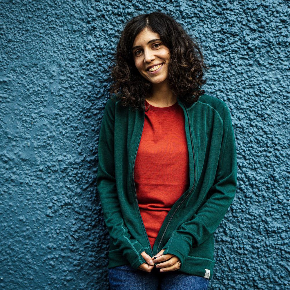 Isobaa | Womens IsoSoft 240 Hoodie (Emerald) | For chilly trailheads, post-workout cool-downs, and cosy weekends. | Model: Clémentine