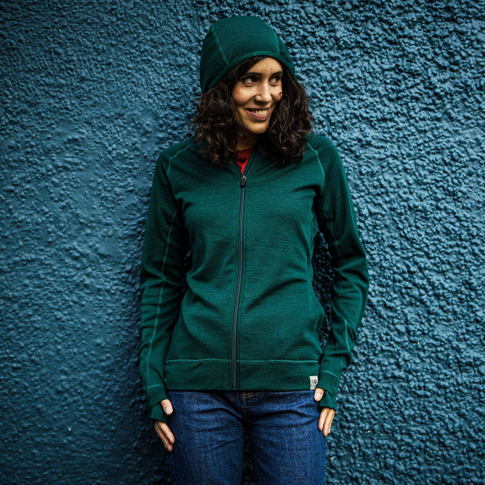 Isobaa | Womens IsoSoft 240 Hoodie (Emerald) | For chilly trailheads, post-workout cool-downs, and cosy weekends. | Model: Clémentine
