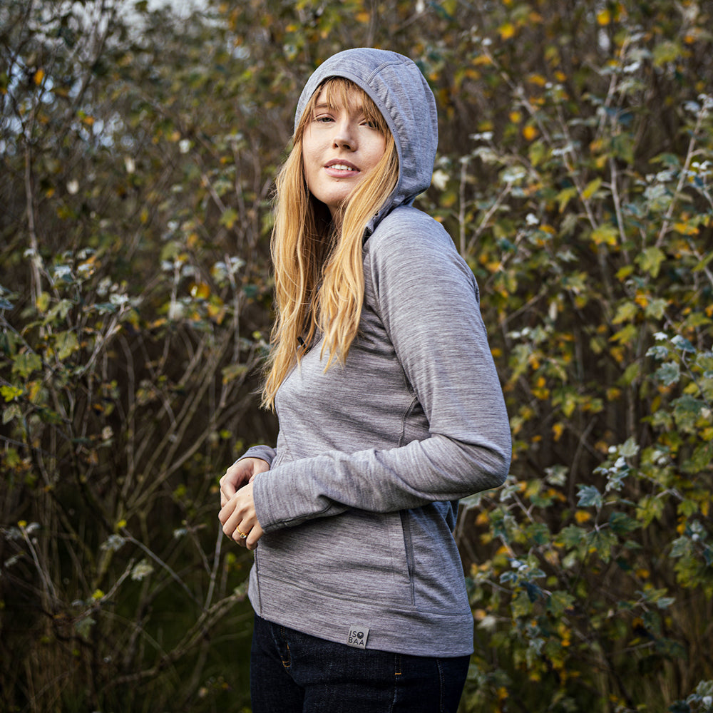Isobaa | Womens IsoSoft 240 Hoodie (Grey) | For chilly trailheads, post-workout cool-downs, and cosy weekends. | Model: Natasha