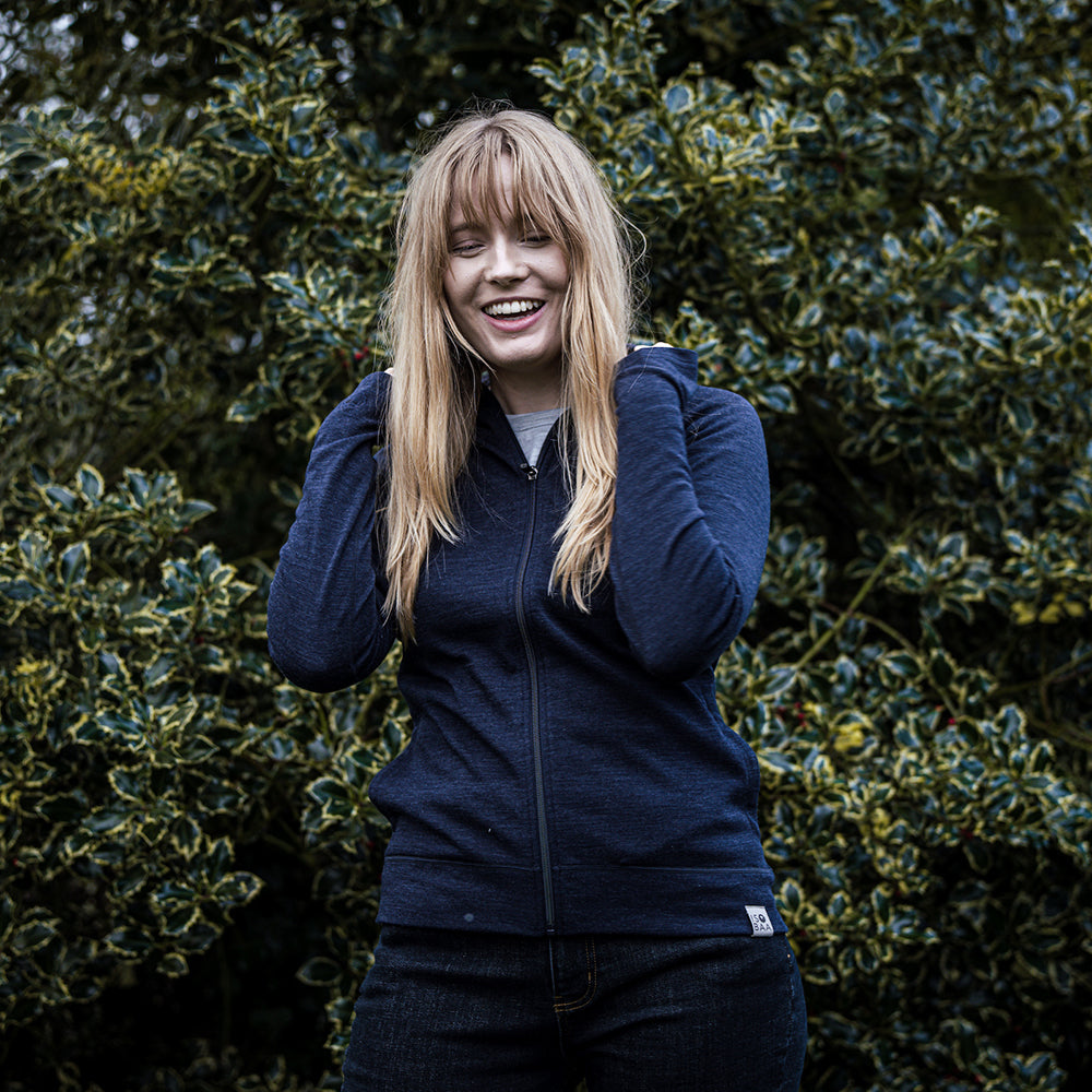 Isobaa | Womens IsoSoft 240 Hoodie (Navy) | For chilly trailheads, post-workout cool-downs, and cosy weekends. | Model: Natasha