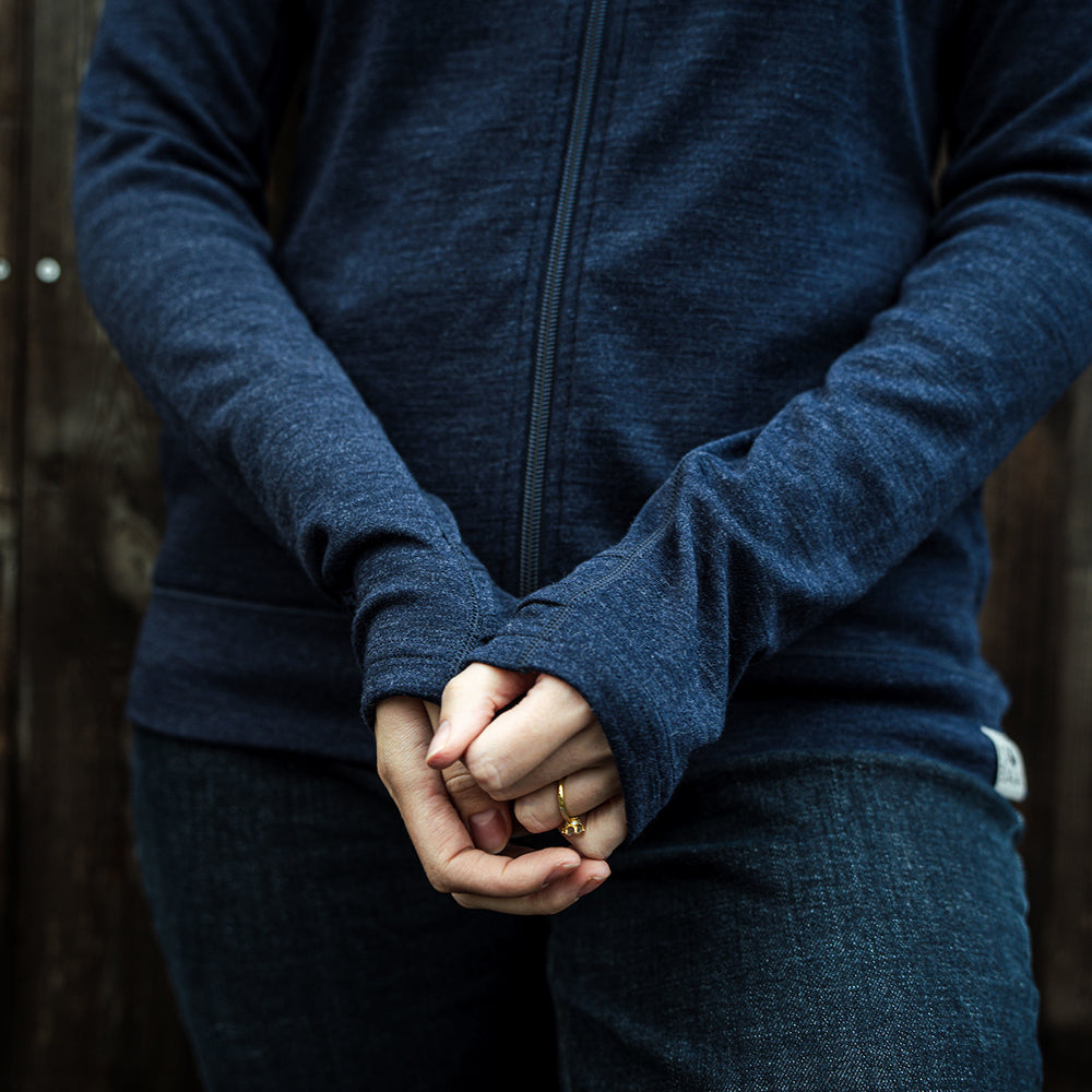 Isobaa | Womens IsoSoft 240 Hoodie (Navy) | For chilly trailheads, post-workout cool-downs, and cosy weekends. | Model: Natasha