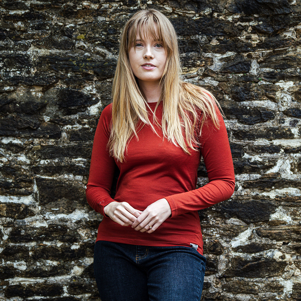 Isobaa | Womens IsoSoft 180 Long Sleeve Crew (Burnt Orange) | The ultimate adventure top. | Model: Natasha