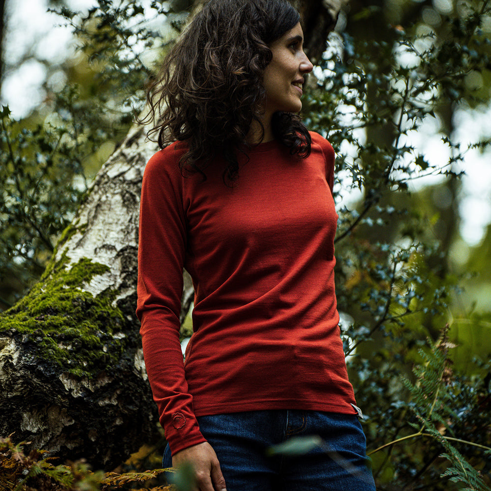 Isobaa | Womens IsoSoft 180 Long Sleeve Crew (Burnt Orange) | The ultimate adventure top. | Model: Clémentine