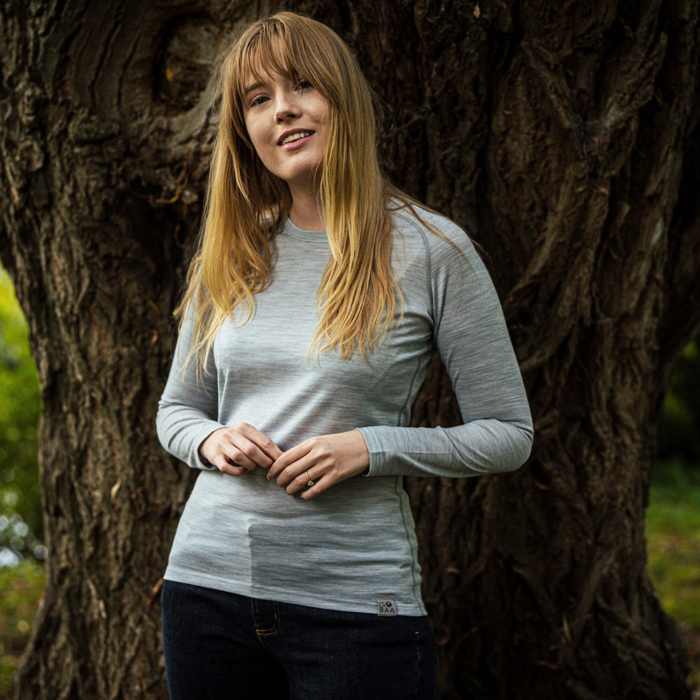 Isobaa | Womens IsoSoft 180 Long Sleeve Crew (Cloud) | The ultimate adventure top. | Model: Natasha