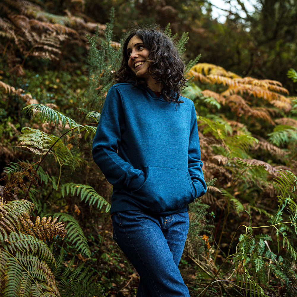 Isobaa | Womens LUX Hoodie (Petrol/Sky) | Discover the pinnacle of comfort with Isobaa's 100% Merino double-knit hoodie. | Model: Clémentine