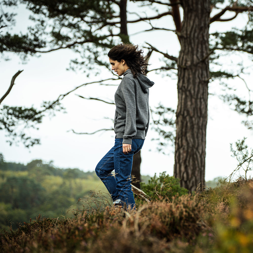 Isobaa | Womens LUX Hoodie (Smoke/Charcoal) | Discover the pinnacle of comfort with Isobaa's 100% Merino double-knit hoodie. | Model: Clémentine