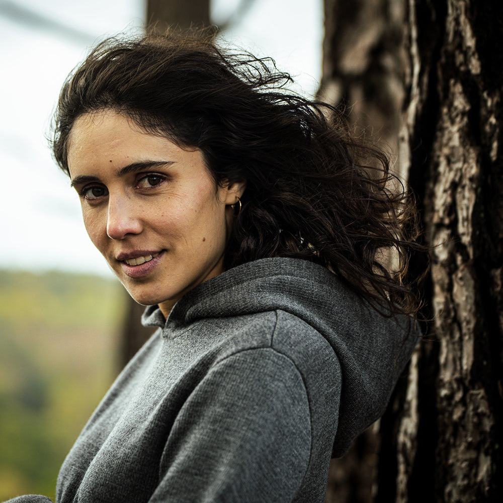 Isobaa | Womens LUX Hoodie (Smoke/Charcoal) | Discover the pinnacle of comfort with Isobaa's 100% Merino double-knit hoodie. | Model: Clémentine