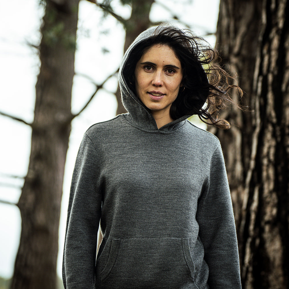 Isobaa | Womens LUX Hoodie (Smoke/Charcoal) | Discover the pinnacle of comfort with Isobaa's 100% Merino double-knit hoodie. | Model: Clémentine