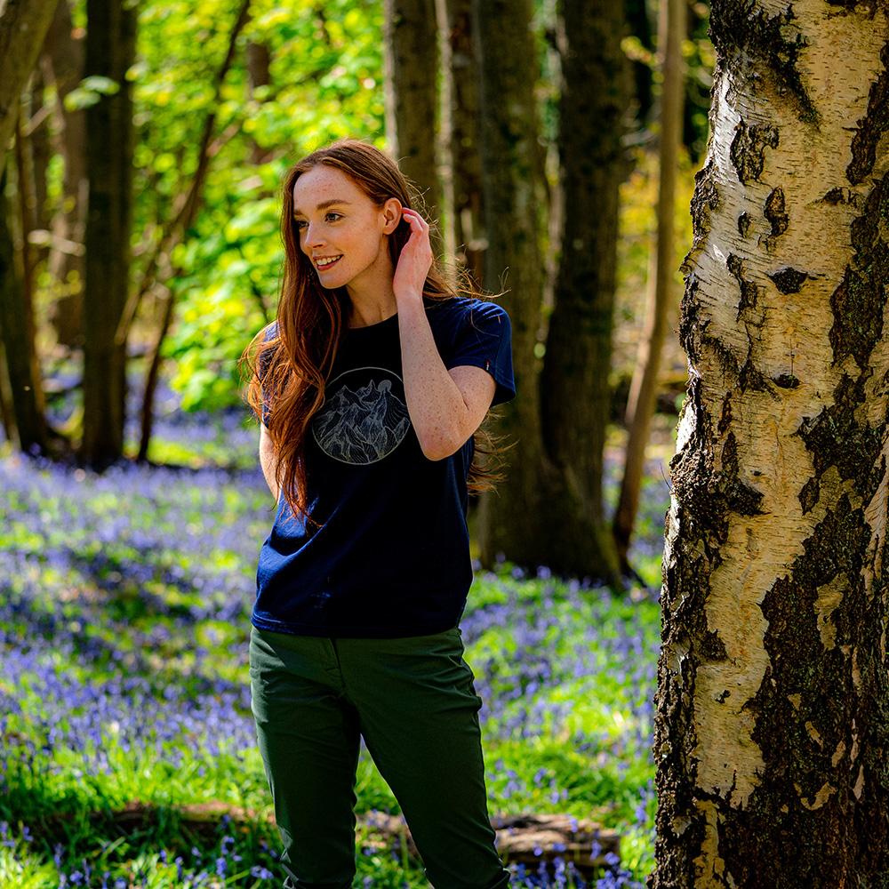 Isobaa | Womens Merino 150 Mountains Tee (Navy) | Gear up for adventure with our superfine Merino Tee. | Model: Sophie