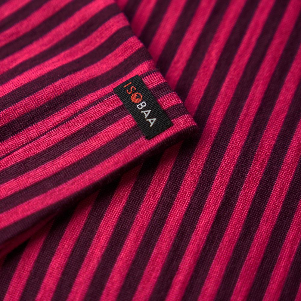 Isobaa | Womens Merino 150 Roll Sleeve Tee (Mini Stripe Wine/Fuchsia) | Our superfine Merino T-shirt performs everywhere from outdoor adventures to coffee dates.