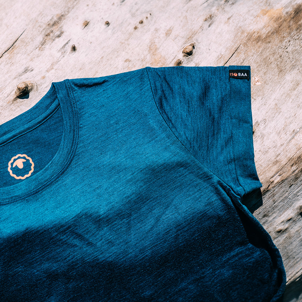 Isobaa | Womens Merino 150 Roll Sleeve Tee (Petrol) | Our superfine Merino T-shirt performs everywhere from outdoor adventures to coffee dates.