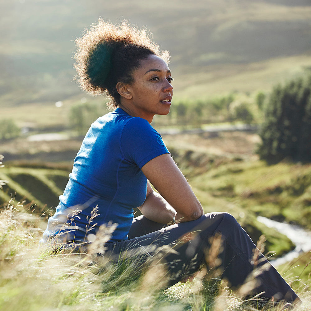 Isobaa | Womens Merino 150 Short Sleeve Crew (Blue) | Gear up for performance and comfort with Isobaa's technical Merino short-sleeved top. | Model: Savanah