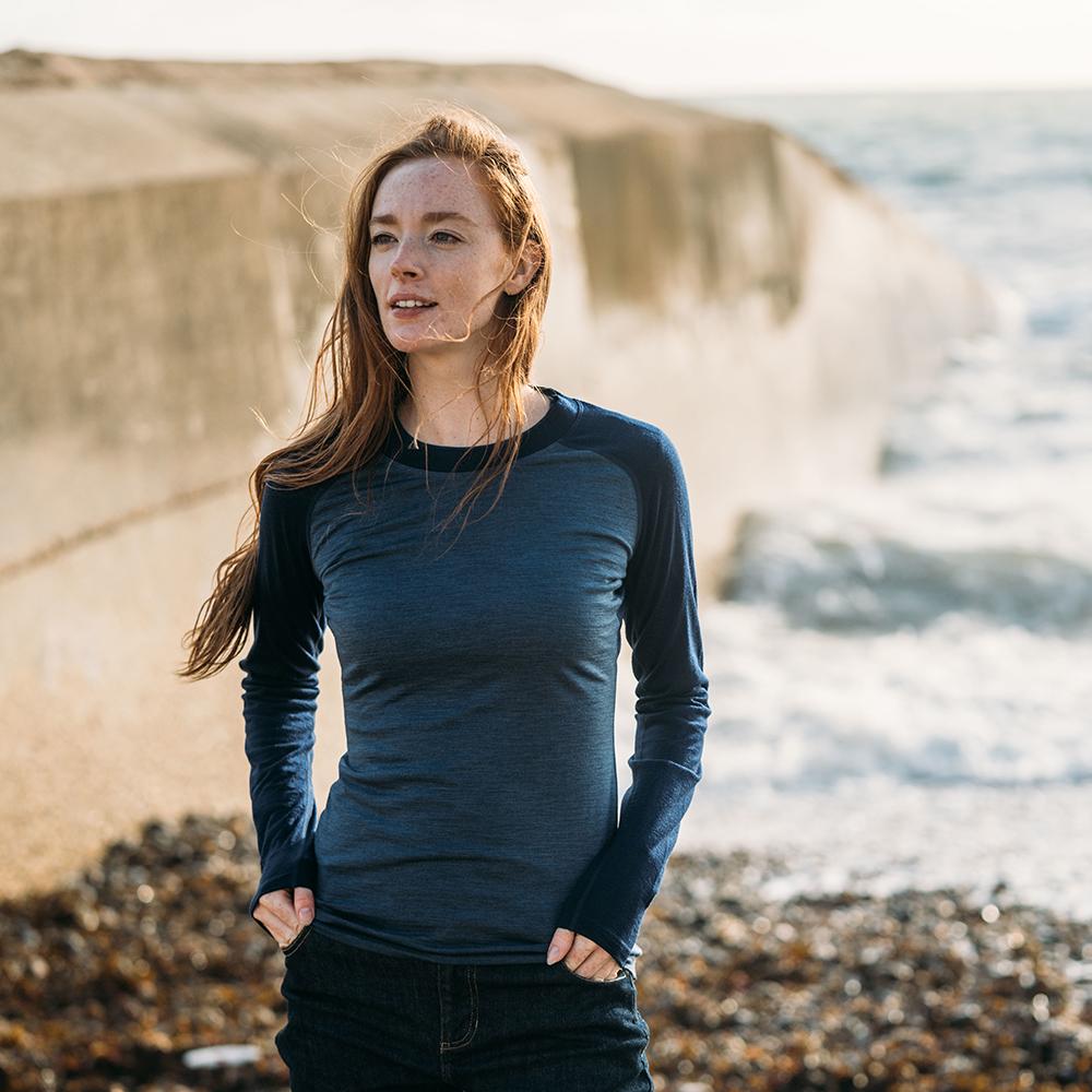 Isobaa | Womens Merino 180 Baseball Crew (Denim/Navy) | Experience the power of Merino wool with this ultimate outdoor base layer. | Model: Sophie
