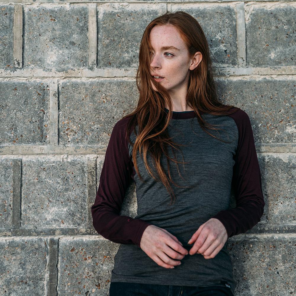 Isobaa | Womens Merino 180 Baseball Crew (Smoke/Wine) | Experience the power of Merino wool with this ultimate outdoor base layer. | Model: Sophie