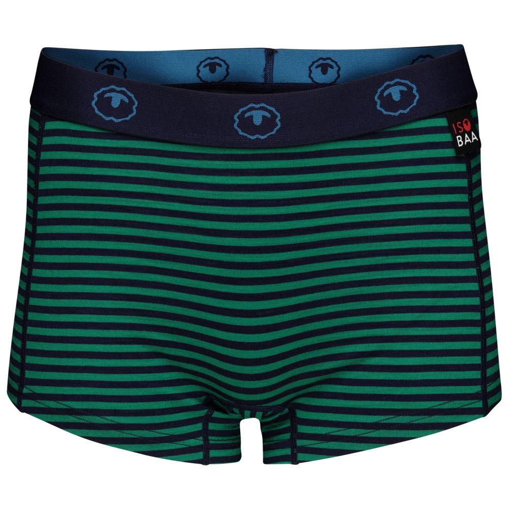 Isobaa | Womens Merino 180 Hipster Shorts (Mini Stripe Navy/Green) | Conquer any activity in comfort with Isobaa's superfine Merino hipster shorts.