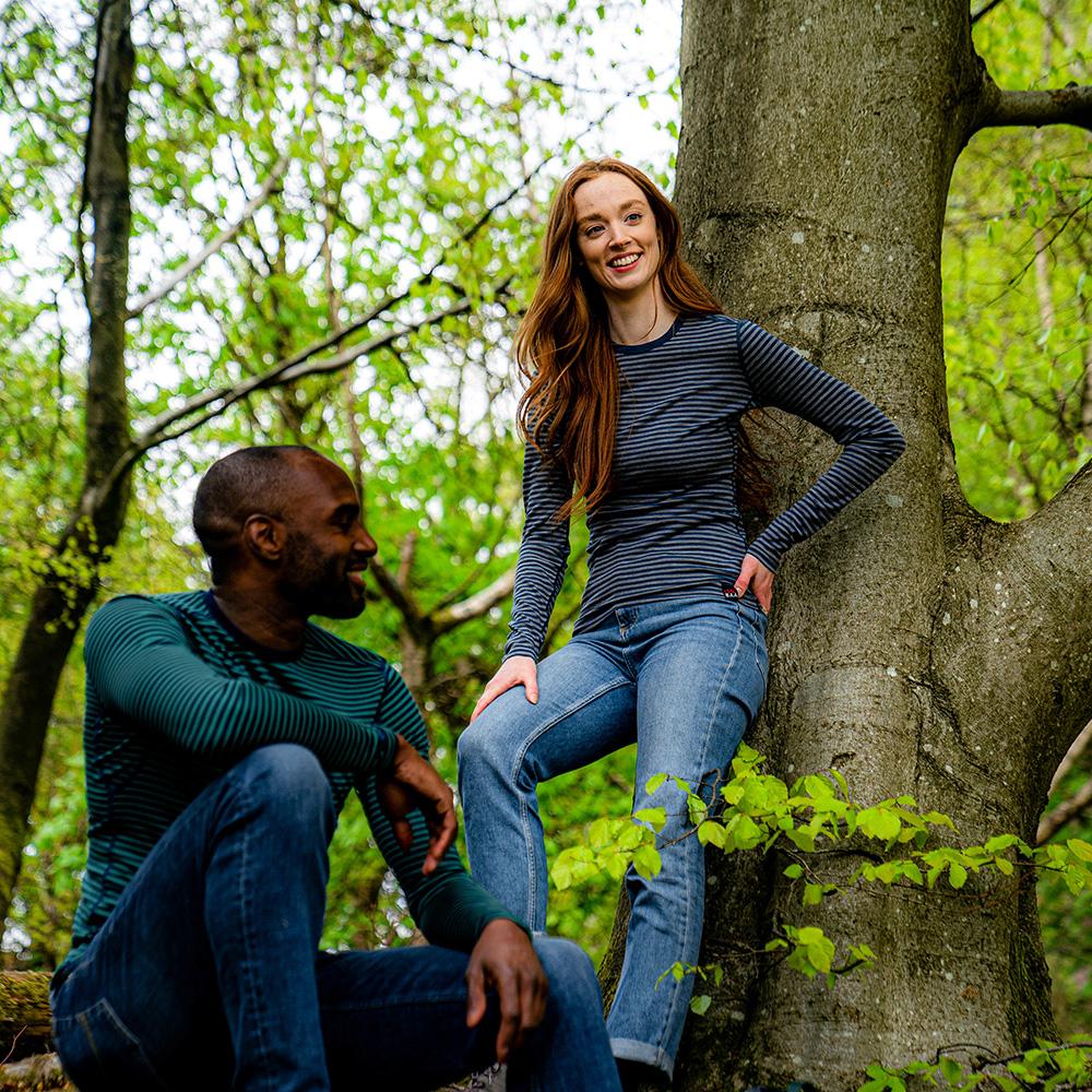 Isobaa | Womens Merino 180 Long Sleeve Crew (Mini Stripe Petrol/Charcoal) | Get outdoors with the ultimate Merino wool long-sleeve top. | Model: Sophie
