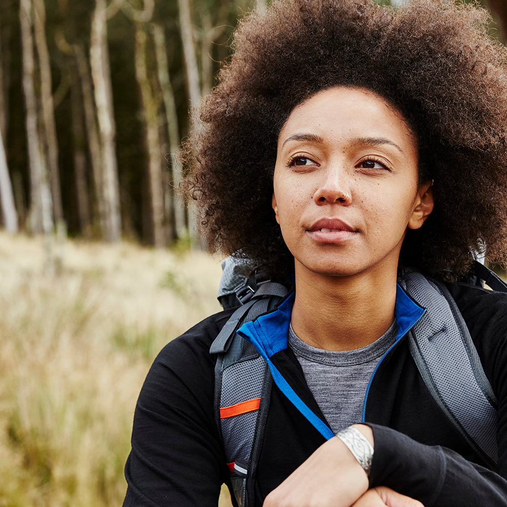 Isobaa | Womens Merino 200 Long Sleeve Zip Neck (Black) | Experience the best of 200gm Merino wool with this ultimate half-zip top – your go-to for challenging hikes, chilly bike commutes, post-workout layering, and unpredictable weather. | Model: Savanah