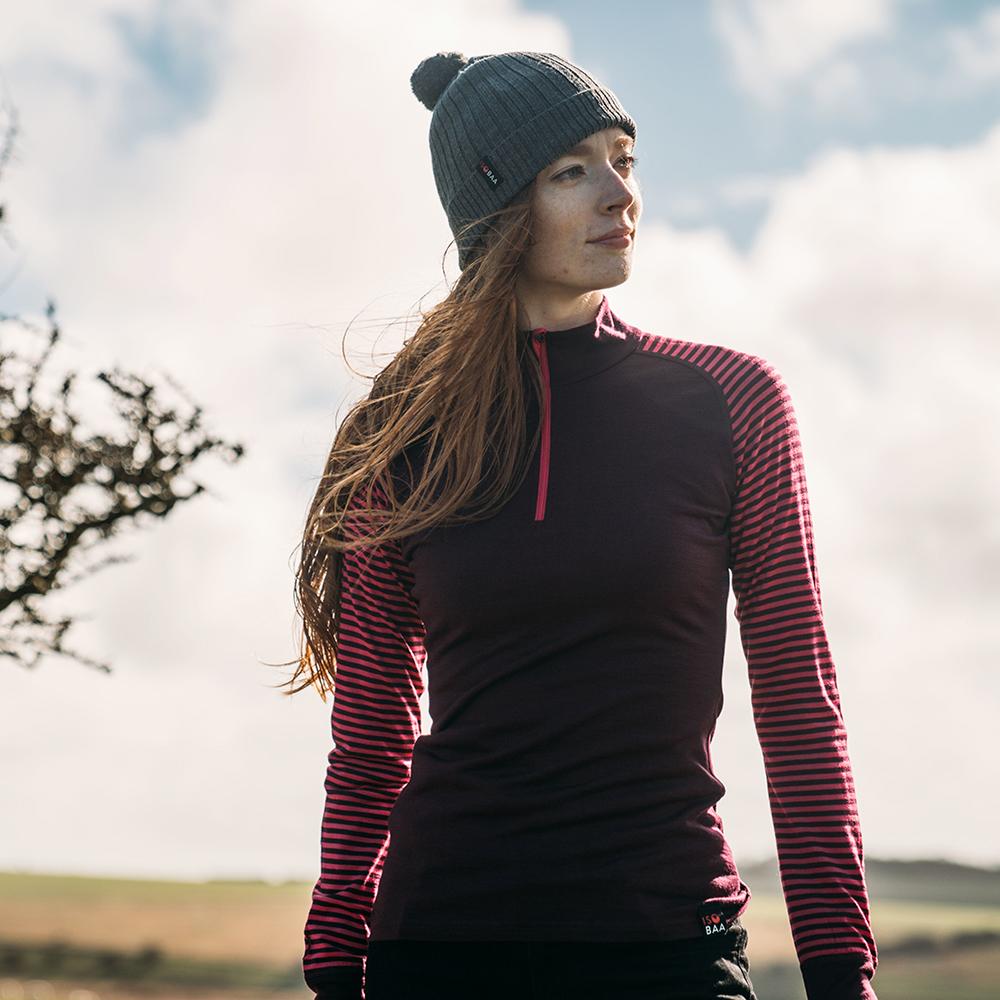 Isobaa | Womens Merino 200 Long Sleeve Zip Neck (Wine/Fuchsia) | Experience the best of 200gm Merino wool with this ultimate half-zip top – your go-to for challenging hikes, chilly bike commutes, post-workout layering, and unpredictable weather. | Model: Sophie
