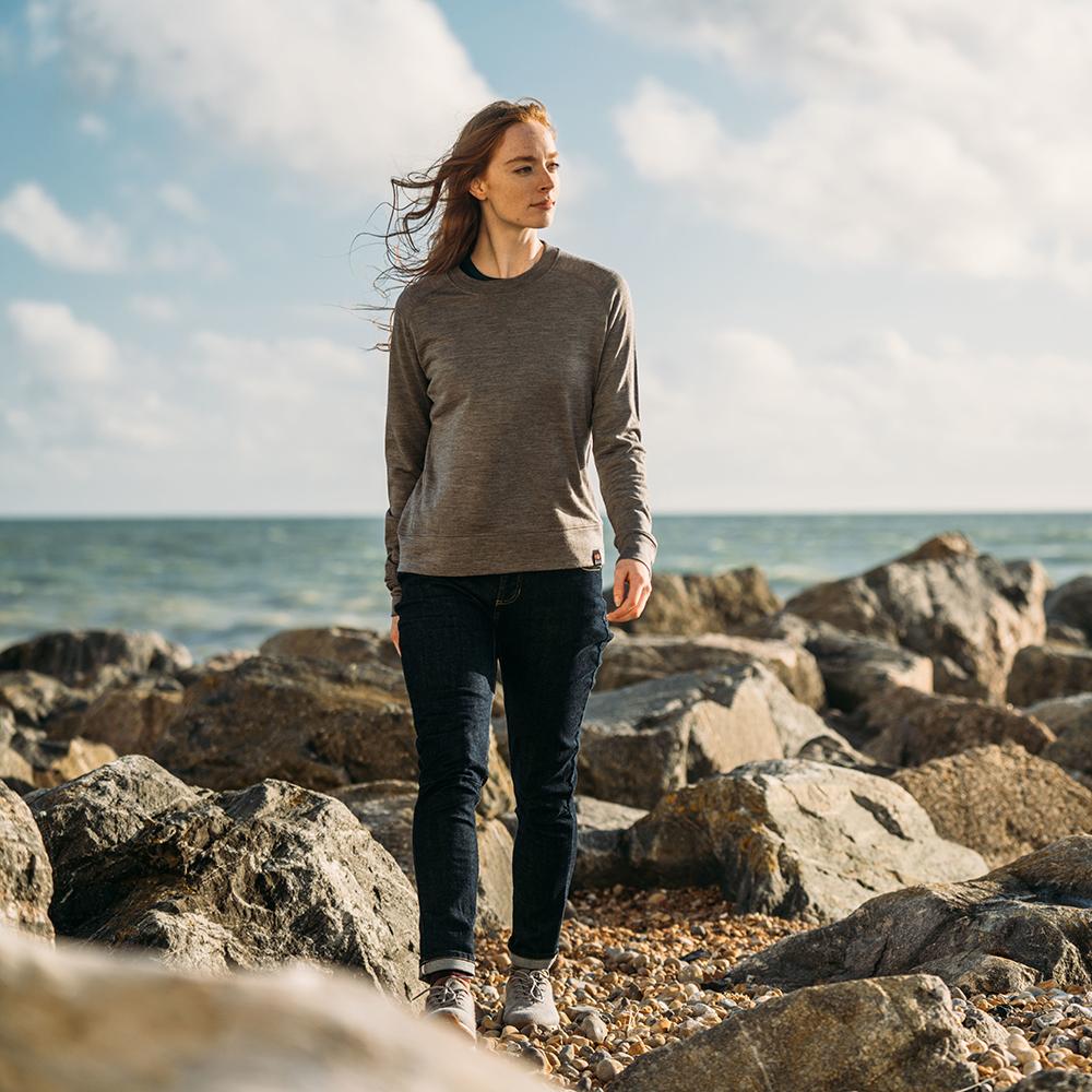 Isobaa | Womens Merino 260 Lounge Sweatshirt (Charcoal) | The ultimate 260gm Merino wool sweatshirt – Your go-to for staying cosy after chilly runs, conquering weekends in style, or whenever you crave warmth without bulk. | Model: Sophie