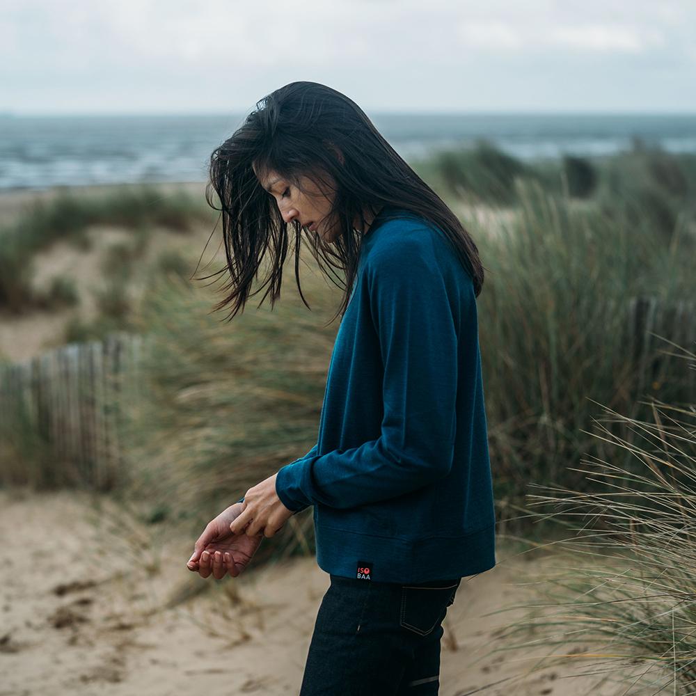 Isobaa | Womens Merino 260 Lounge Sweatshirt (Petrol) | The ultimate 260gm Merino wool sweatshirt – Your go-to for staying cosy after chilly runs, conquering weekends in style, or whenever you crave warmth without bulk. | Model: Jessica