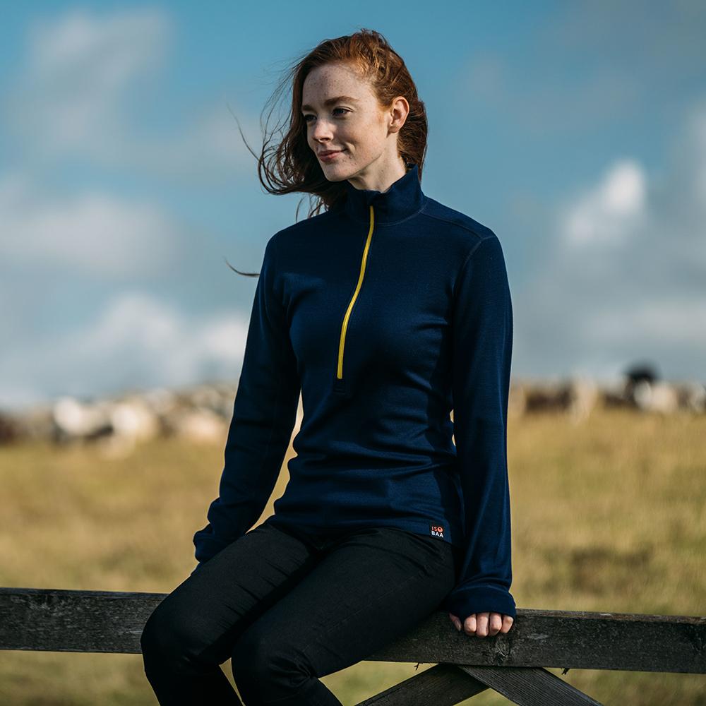 Isobaa | Womens Merino 320 Long Sleeve Half Zip (Navy/Lime) | Conquer cold trails, blustery commutes, and unpredictable weather with the ultimate Merino wool half-zip top.