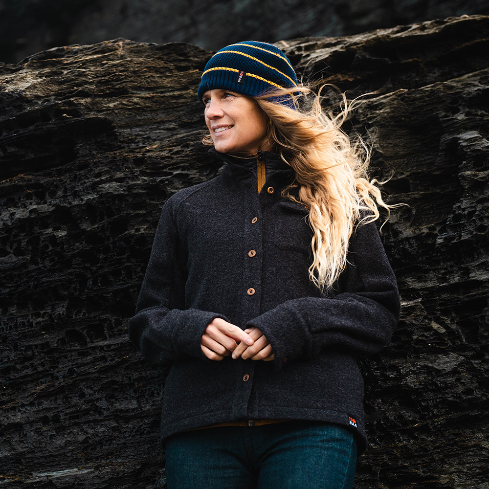 Isobaa | Womens Merino Blend Mountain Shirt (Smoke) | Conquer trails, peaks, and urban adventures with this high-performance Merino blend overshirt. | Model: Amy