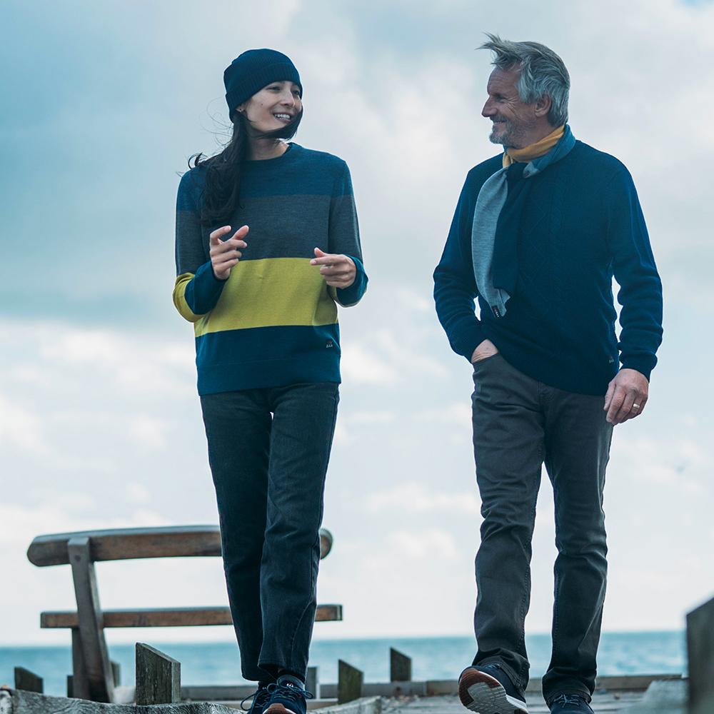 Isobaa | Womens Merino Block Stripe Sweater (Denim/Smoke/Lime/Petrol) | Discover effortless style and exceptional comfort with our extrafine 9-gauge Merino wool crew neck sweater. | Model: Jessica